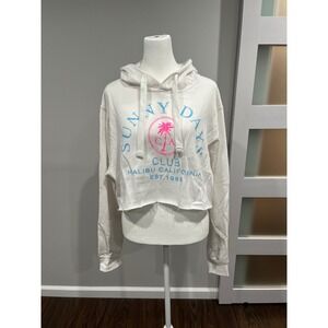 Popular Sports White Cropped Hoodie Club Malibu California Graphic Sweatshirt L